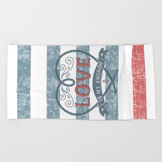 Maritime Design- Love is my anchor on navy blue and red striped background Beach Towel