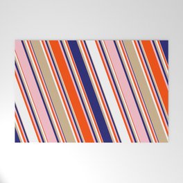 [ Thumbnail: Colorful Red, White, Tan, Midnight Blue, and Pink Colored Lines/Stripes Pattern Welcome Mat ]