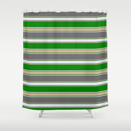 [ Thumbnail: Dim Gray, Tan, Green & Lavender Colored Pattern of Stripes Shower Curtain ]