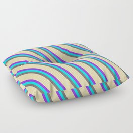 [ Thumbnail: Purple, Cyan, Dim Gray & Tan Colored Lined/Striped Pattern Floor Pillow ]