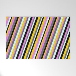 [ Thumbnail: Eye-catching Violet, Dim Grey, Light Cyan, Black & Yellow Colored Lined Pattern Welcome Mat ]