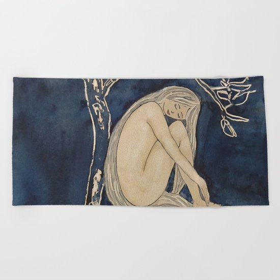Girl sleeping under magnolia flowers Beach Towel