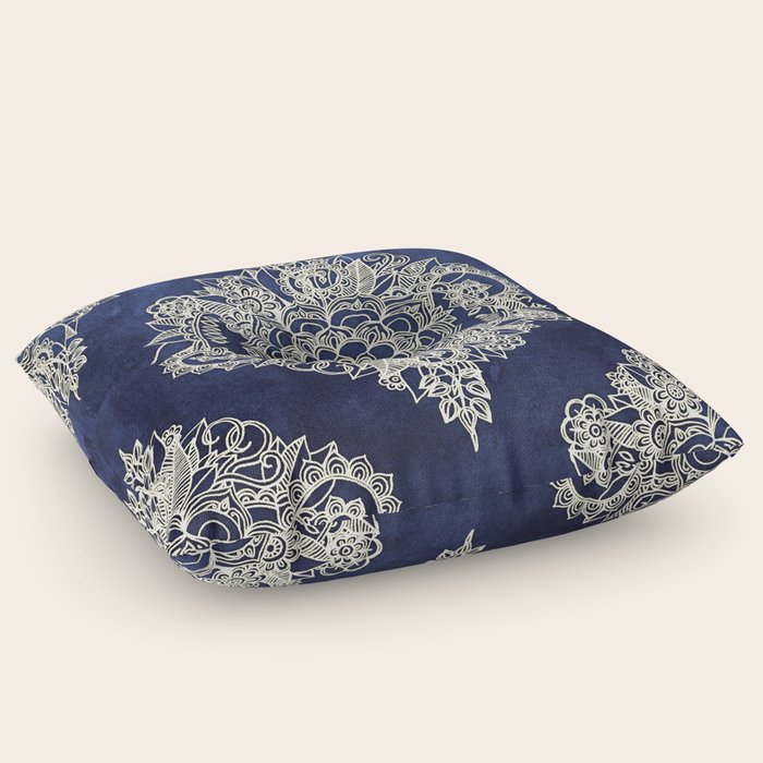 Cream Floral Moroccan Pattern on Deep Indigo Ink Floor Pillow by