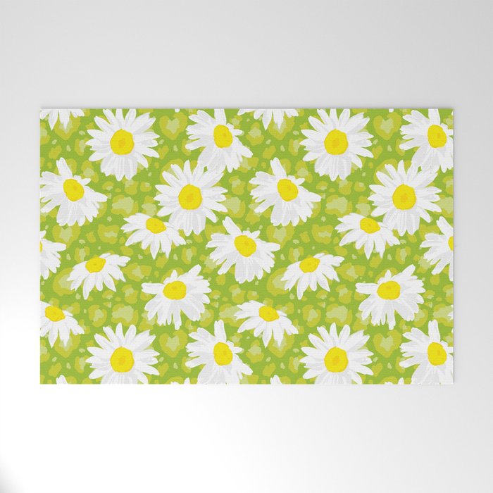 Cute Daisies on Leopard Print Pattern \\ Retro Green & Yellow Color Palette \\ Indie Kid Aesthetics Welcome Mat