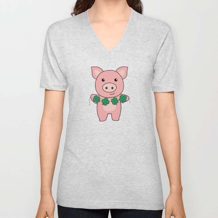 Pig With Shamrocks Cute Animals For Luck V Neck T Shirt