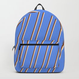 [ Thumbnail: Cornflower Blue, Brown, and Bisque Colored Lines Pattern Backpack ]