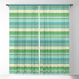 [ Thumbnail: Aquamarine, Teal, Pale Goldenrod, and Green Colored Striped Pattern Sheer Curtain ]