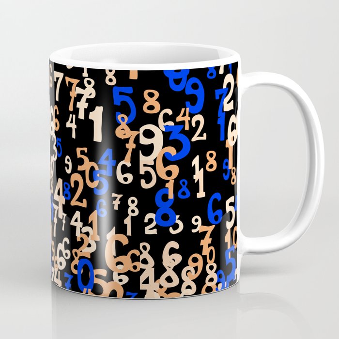 Falling numbers abstract background. Abstract background of color numbers. Pattern of randomly distributed numbers from zero to nine in color.  Coffee Mug