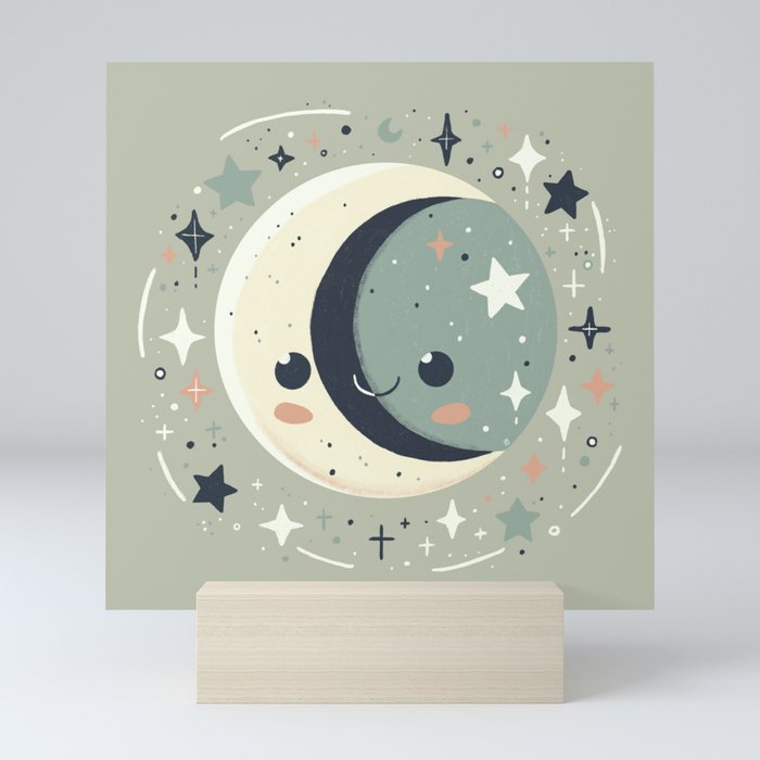 Lunar Embrace - Crescent & Full Moon Whimsical Art Mini Art Print