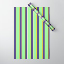 [ Thumbnail: Green, Yellow, Dark Slate Blue & Beige Colored Stripes/Lines Pattern Wrapping Paper ]