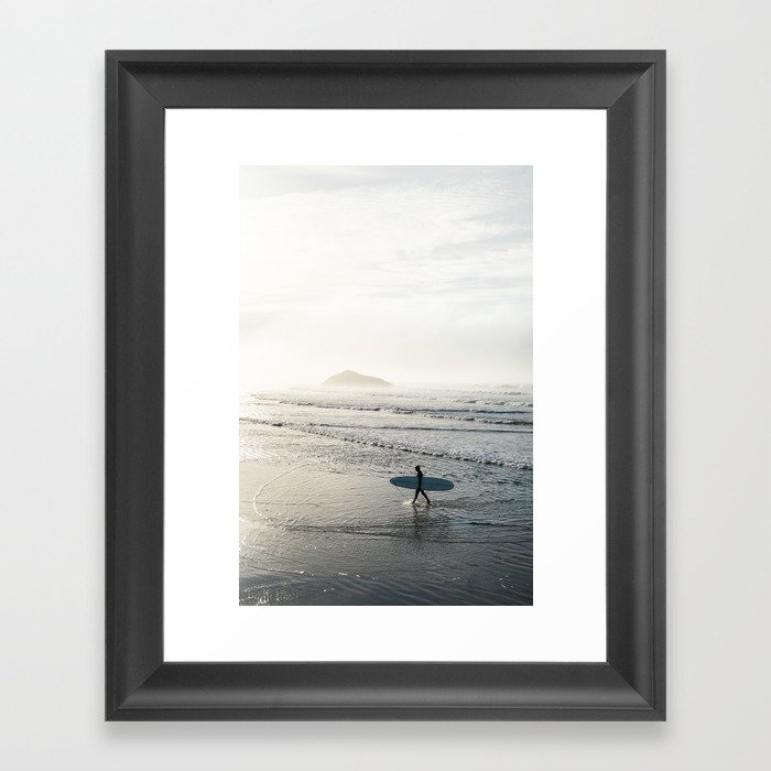 Tofino surfer on the beach with surfboard - catching first waves at sunrise | travel photography Framed Art Print