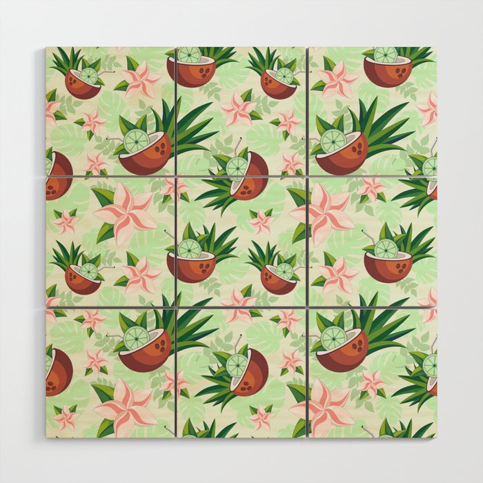 Lime in Coconut with Pink Plumeria Flowers Tropical Summer Pattern Wood Wall Art