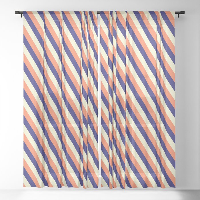 Coral, Midnight Blue & Light Yellow Colored Lined/Striped Pattern Sheer Curtain