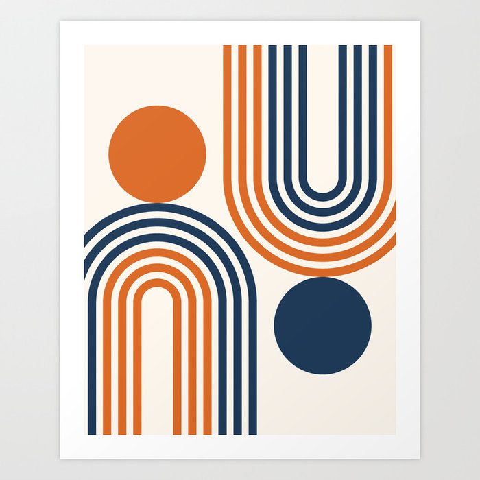 Mid Century Modern Geometric 450 in Navy Blue and Orange (Rainbow and Sun Abstraction) Art Print