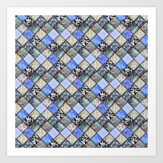Faux Patchwork Quilting - Blues Art Print