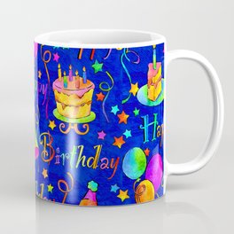 Happy Birthday Celebration with Balloons, Streamers, Cakes in Bright Colors on Blue Coffee Mug