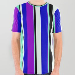 [ Thumbnail: Dark Violet, Aquamarine, Black, Mint Cream & Blue Colored Pattern of Stripes All Over Graphic Tee ]