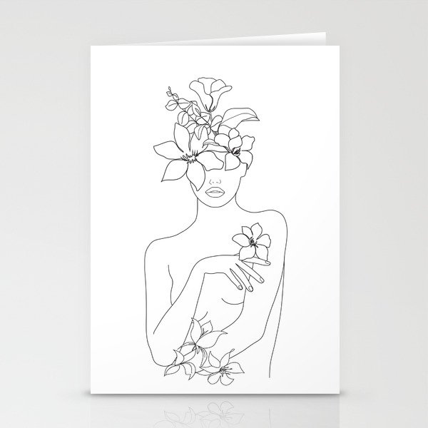 Minimal Line Art Woman with Flowers IV Stationery Cards