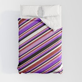 [ Thumbnail: Colorful Brown, Plum, Purple, Black, and White Colored Pattern of Stripes Comforter ]