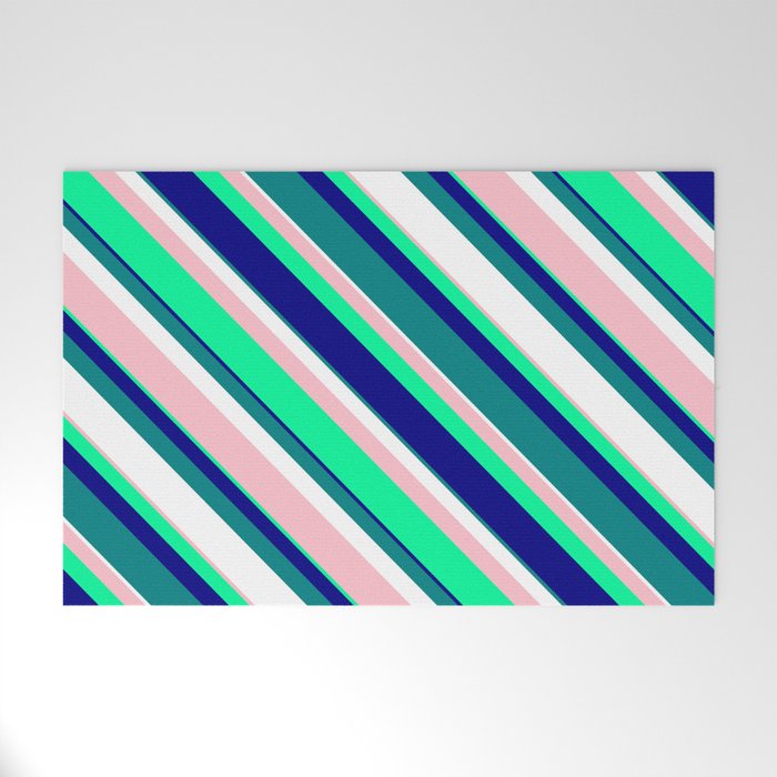 Vibrant Pink, Green, Blue, Teal, and White Colored Striped/Lined Pattern Welcome Mat