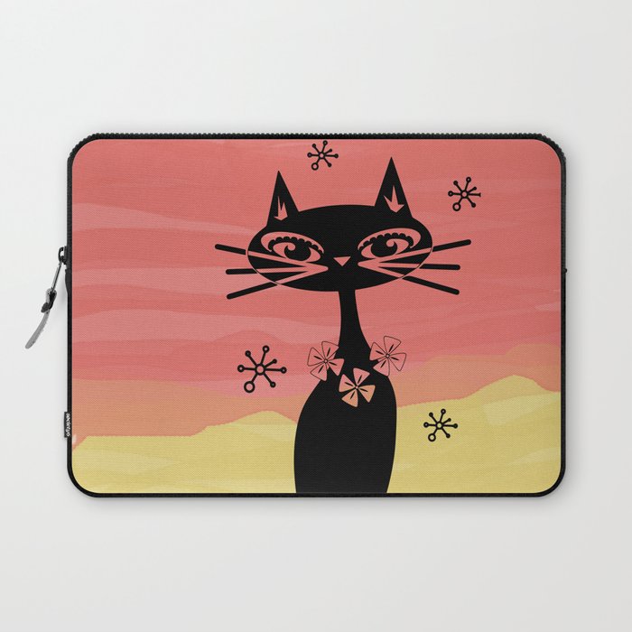 Mid Century Watercolor Retro Black Cat Laptop Sleeve