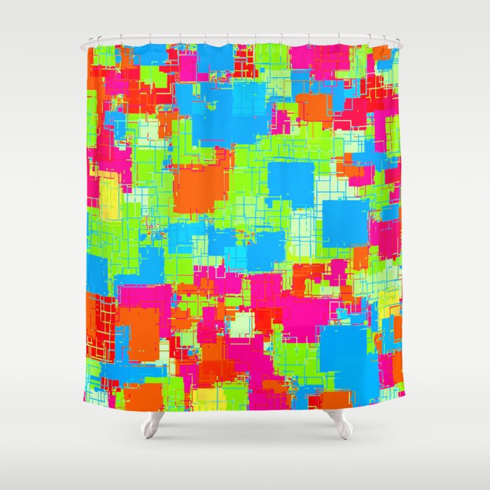 geometric square pattern abstract in green blue pink Shower Curtain