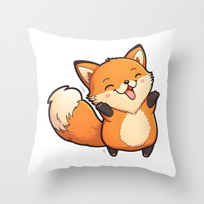 Kawaii Cute Red Fox Smiling and Playing Throw Pillow