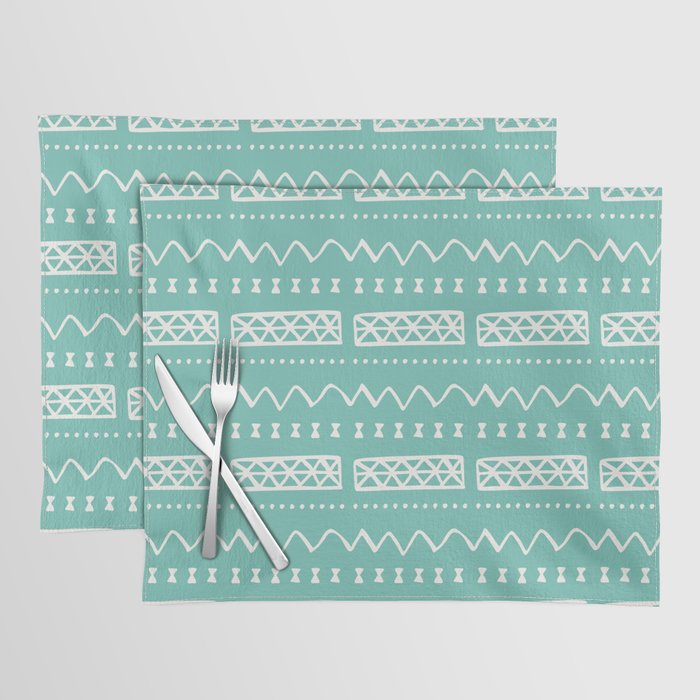 Zesty Zig Zag Bow Teal Blue and White Mud Cloth Pattern Placemat
