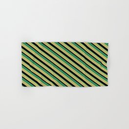 [ Thumbnail: Dark Khaki, Black & Sea Green Colored Lines Pattern Hand & Bath Towel ]