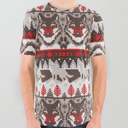 Fair isle knitting grey wolf // oak and taupe brown wolves red moons and pine trees All Over Graphic Tee