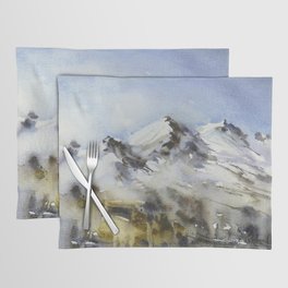 Snowy mountain watercolor landscape.  Fine art painting landscape artwork mountains snowy decor. Placemat