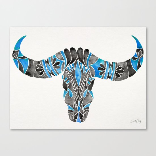 Water Buffalo Skull – Black & Blue Canvas Print