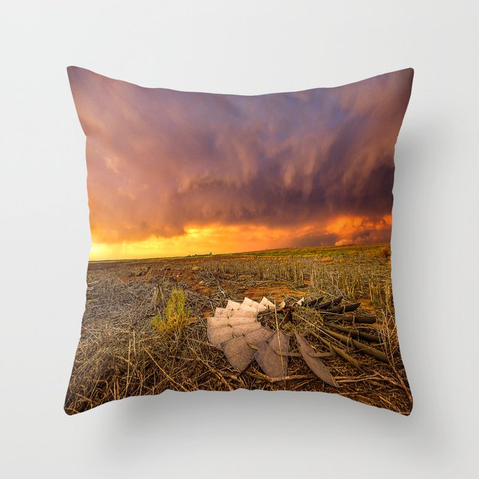 Lost In Time - Broken Windmill and Stormy Sky in Kansas Throw Pillow
