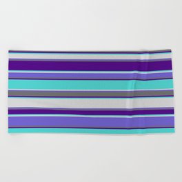 [ Thumbnail: Eye-catching Indigo, Turquoise, Light Gray, Slate Blue, and Dim Grey Colored Striped Pattern Beach Towel ]