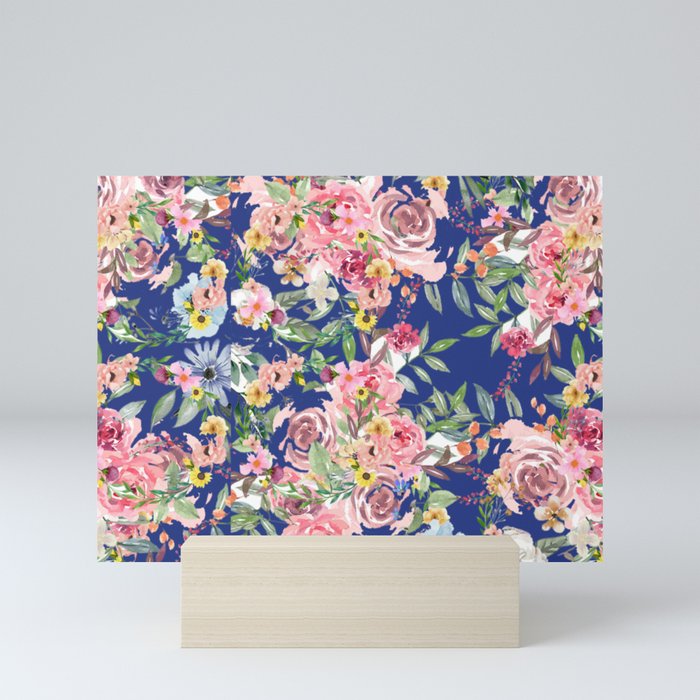 Pink and blue Flowers floral pattern with blue background Mini Art Print