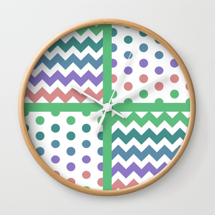 White Multicolor Chevron Polkadot 3 Teal Green Purple Blue Muted Color Palette Wall Clock By Ganenethegriffox