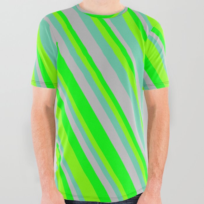 Grey, Lime, Chartreuse, and Aquamarine Colored Lined/Striped Pattern All Over Graphic Tee