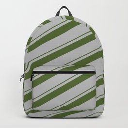 [ Thumbnail: Dark Olive Green & Grey Colored Striped/Lined Pattern Backpack ]