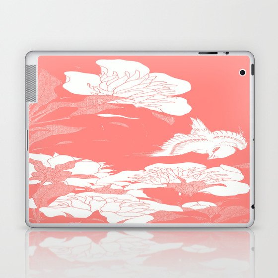 Peonies & Canary by Hokusai : Living Coral japanese Flowers Laptop & iPad Skin