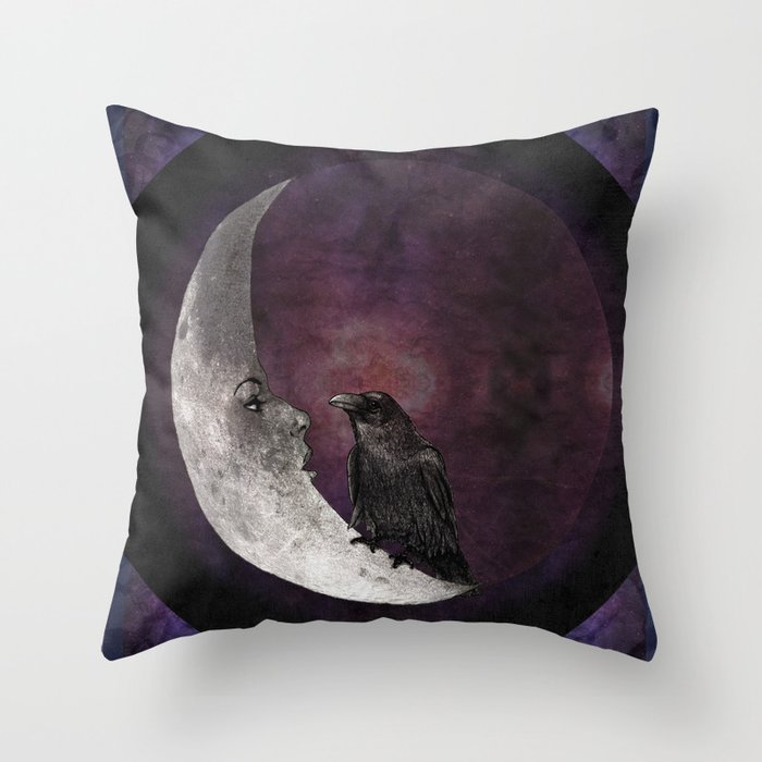 The crow and its moon. Throw Pillow