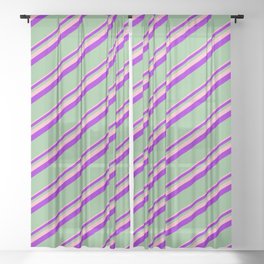 [ Thumbnail: Light Pink, Dark Violet & Dark Sea Green Colored Lined Pattern Sheer Curtain ]