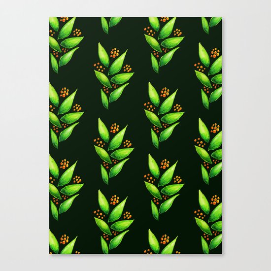 Abstract Watercolor Green Plant With Orange Berries Canvas Print