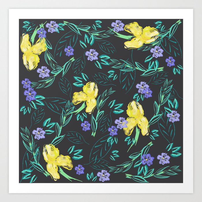 Yellow iris and periwinkle watercolour & ink pattern in black Art Print