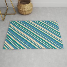 [ Thumbnail: Tan, Teal & Blue Colored Lines/Stripes Pattern Rug ]