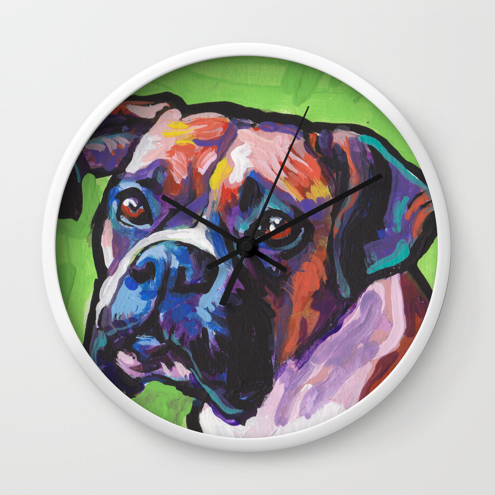 Fun Boxer Dog Bright Colorful Pop Art Painting By Lea Wall Clock