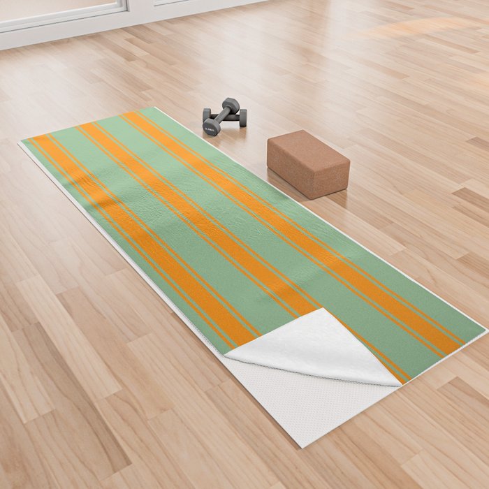 Dark Sea Green & Dark Orange Colored Stripes/Lines Pattern Yoga Towel
