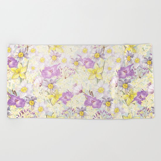 Vintage pattern- Spring in purple and yellow- daffodils and anemones Beach Towel