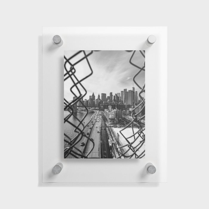 Views of New York City | Skyline and Brooklyn Bridge Through the Fence | Black and White Floating Acrylic Print