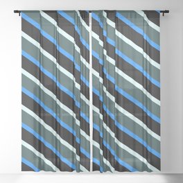 [ Thumbnail: Light Cyan, Dark Slate Gray, Blue & Black Colored Lines Pattern Sheer Curtain ]