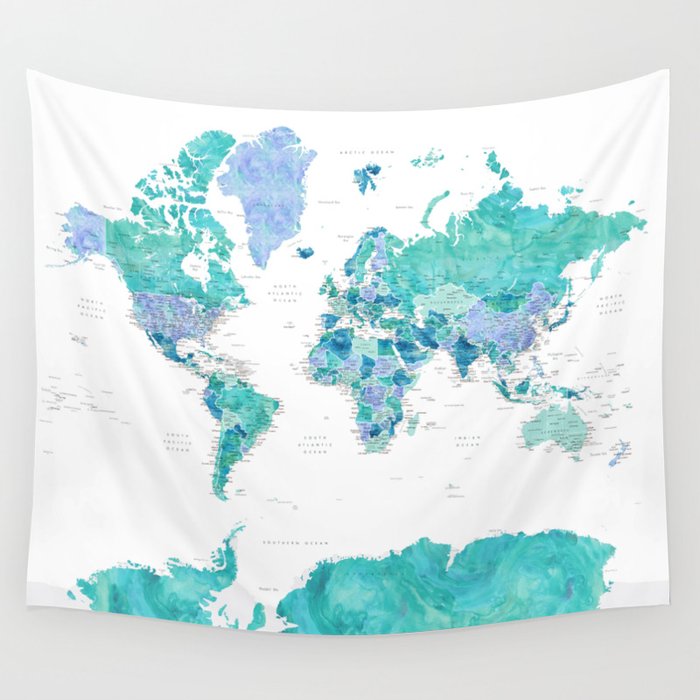 Aquamarine and blue watercolor detailed world map, Caribbean Waters ...